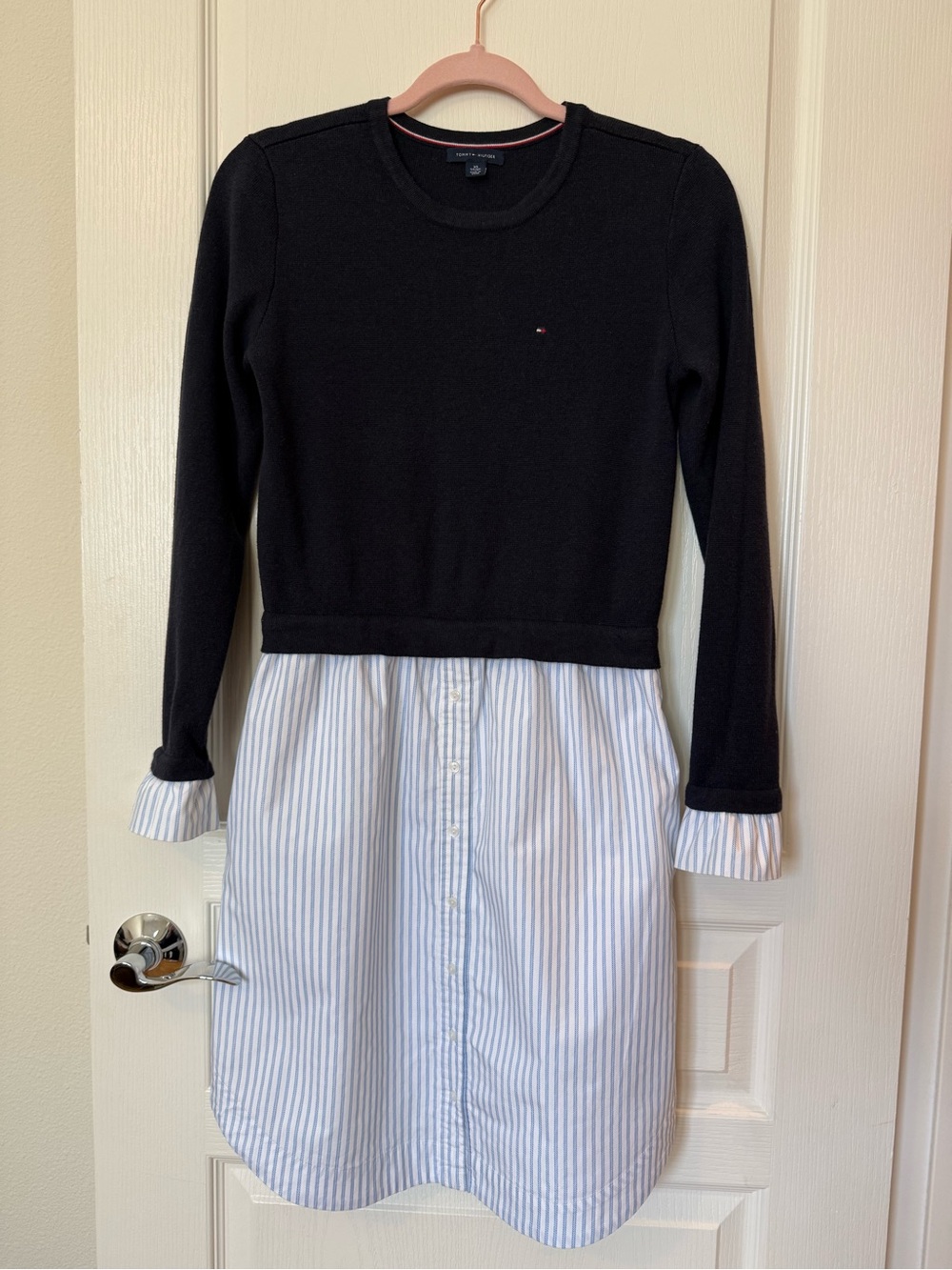Tommy Hilfiger Dress w Navy Knit Top & Blue & White Striped Teacher Dress
